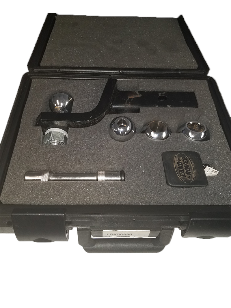 Discovery Parts hitch kit with multiple chrome hitch balls and black mounting hardware in foam case