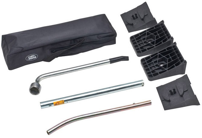 Discovery Parts Tire Change Kit with lug wrench, jack stands, and carrying bag for Land Rover