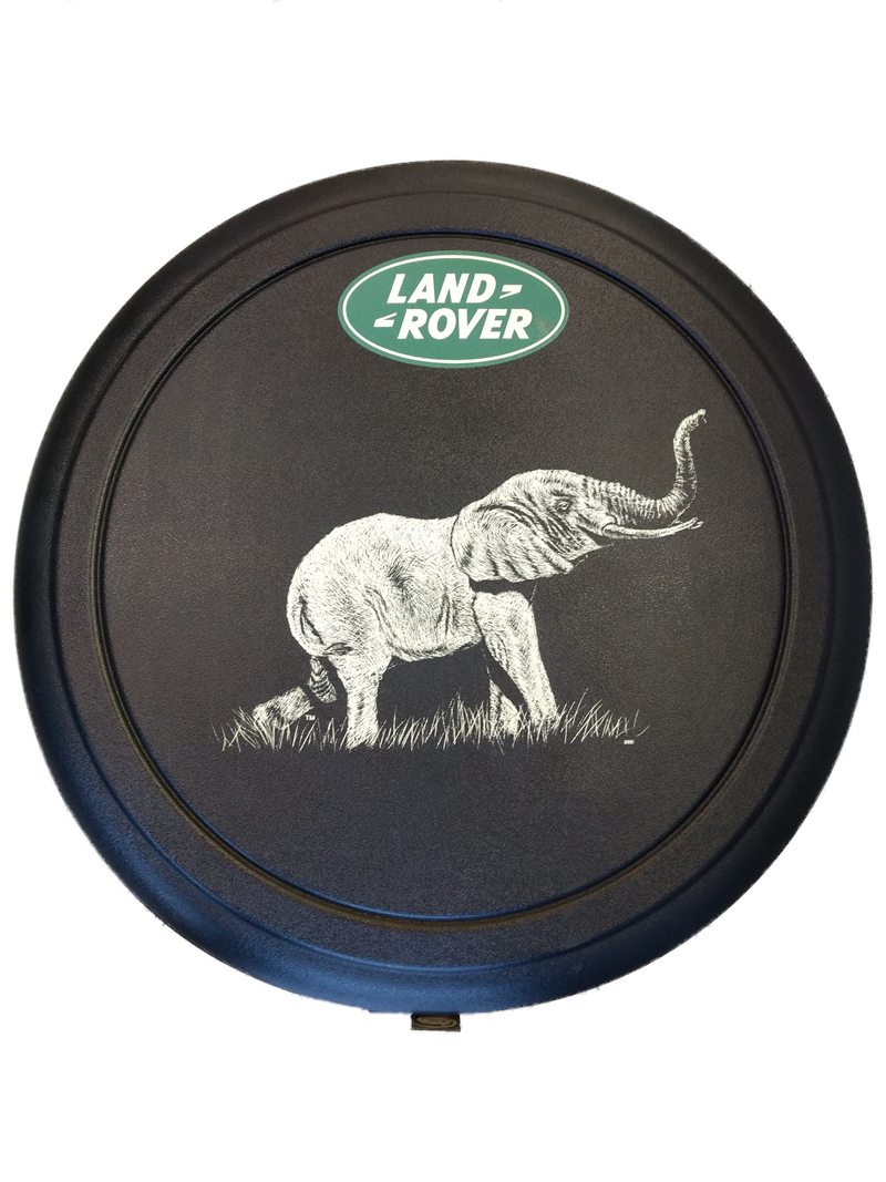 Land Rover Discovery Parts black Tire Cover with white elephant design and logo