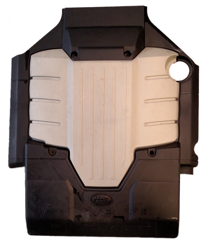 Range Rover engine cover part in black and silver with Land Rover logo for vehicle protection and style