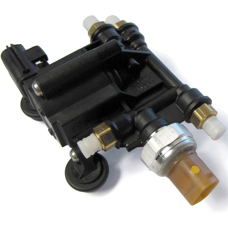 LR3 and LR4 parts leveling valve reservoir with multiple connectors and sensor attachment