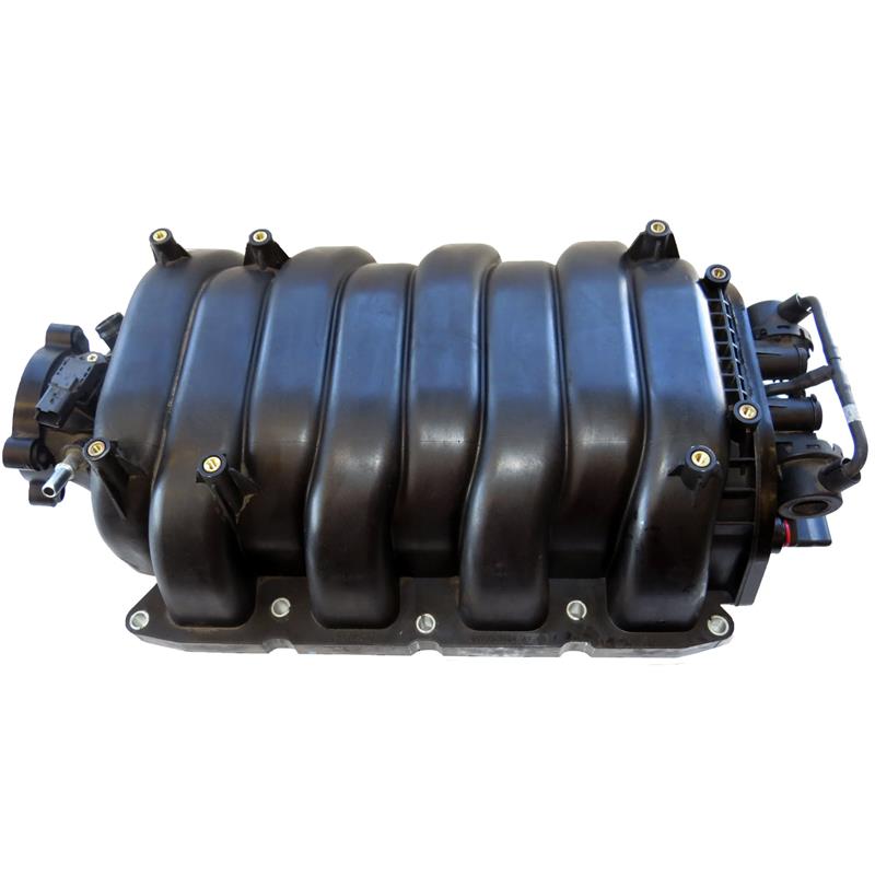 Black manifold for Land Rover LR3 and LR4 parts with multiple intake runners and mounting points