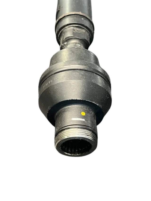 Roverland Parts Front Drive Shaft close up showing threaded spline end and CV joint assembly in black metal