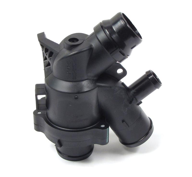 Range Rover Thermostat Assembly black plastic OEM coolant housing with hose connections replacement part