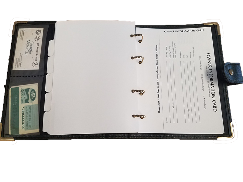 Range Rover Owners Manual binder with owner information card and plastic pockets for documents