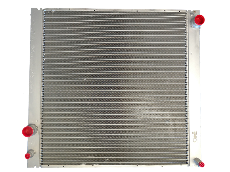 Range Rover radiator replacement part with aluminum cooling fins and red protective caps