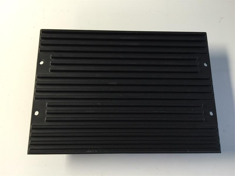 LR2 Parts black Radio Amplifier with ribbed metal casing and mounting holes on white background