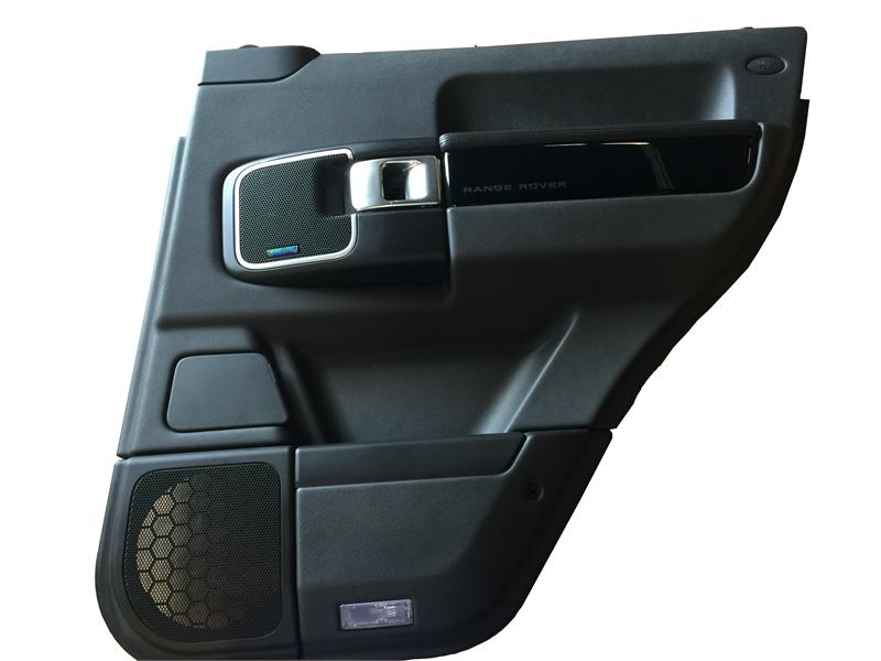 Black Range Rover replacement door trim panel with chrome handle and speaker grille