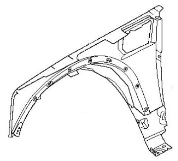 Black and white outline drawing of a Range Rover front fender replacement part