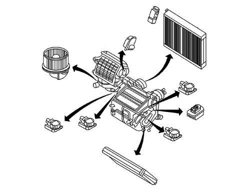 Diagram of Range Rover HVAC system parts including blower motor, vents, and air filter components