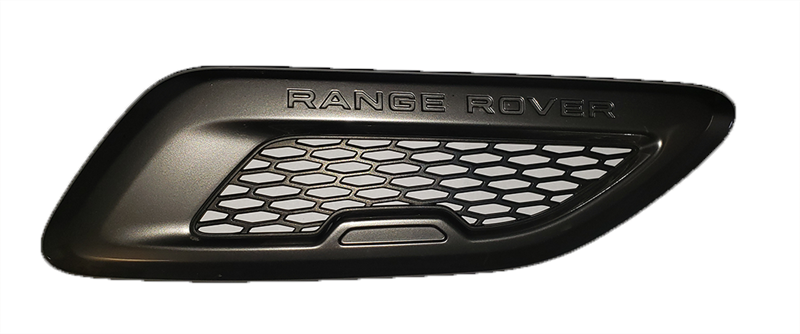 Black Range Rover Evoque hood vent part with mesh grille design for vehicle ventilation