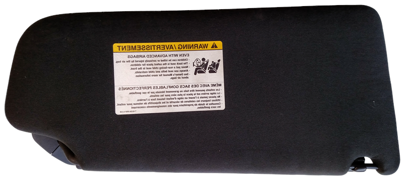Black sun visor replacement part for Range Rover HSE with warning label