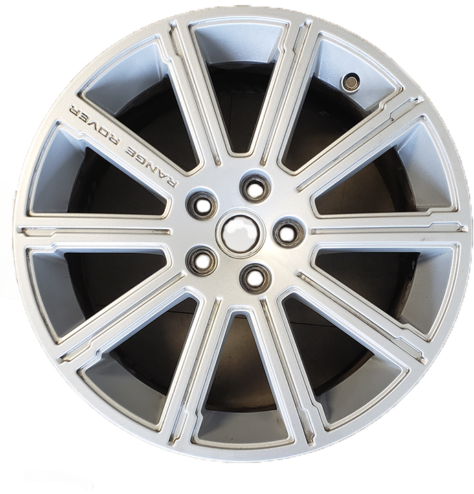 Silver alloy wheel rim for Range Rover HSE with multi-spoke design and Range Rover branding