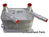 Range Rover Oil Cooler replacement part with aluminum construction and red protective caps