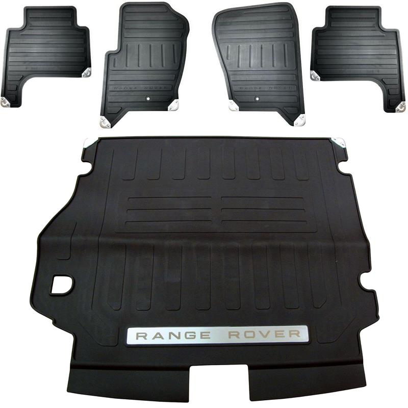 Land Rover Range Rover Rubber Floor mat set with front rear and cargo liners featuring Range Rover logo