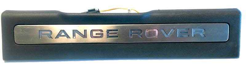Range Rover Evoque Sill Plate replacement part featuring chrome lettering on black base