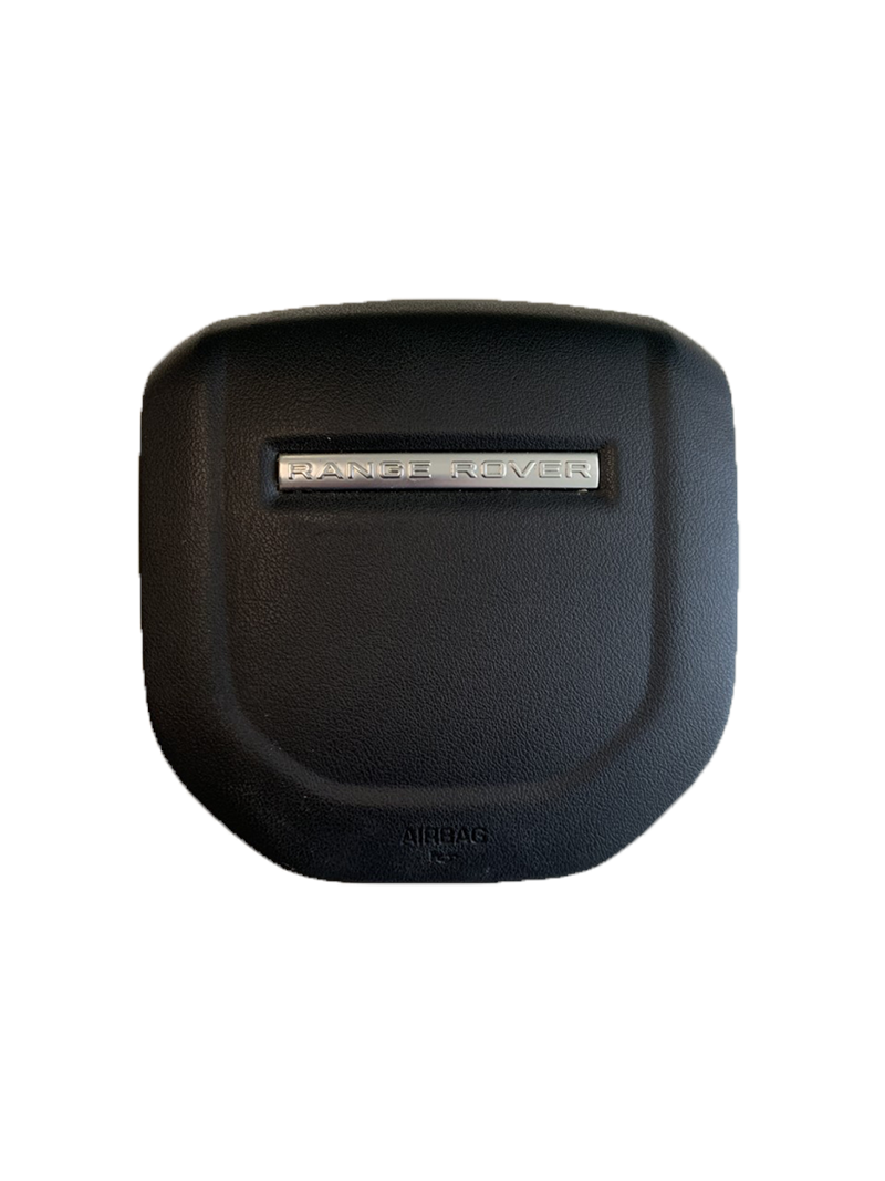Range Rover steering wheel airbag cover with black finish and silver Range Rover logo