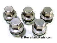 Set of five chrome lug nuts for Range Rover wheels compatible with multiple models