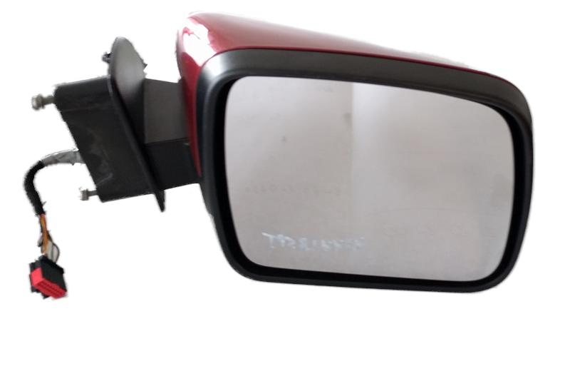 Red and black Range Rover right side mirror with wiring harness for replacement parts