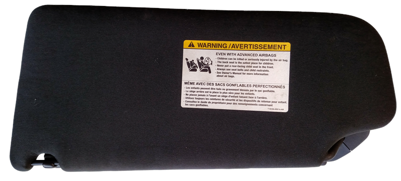 Right Sun Visor for Range Rover with safety warning label and black fabric covering
