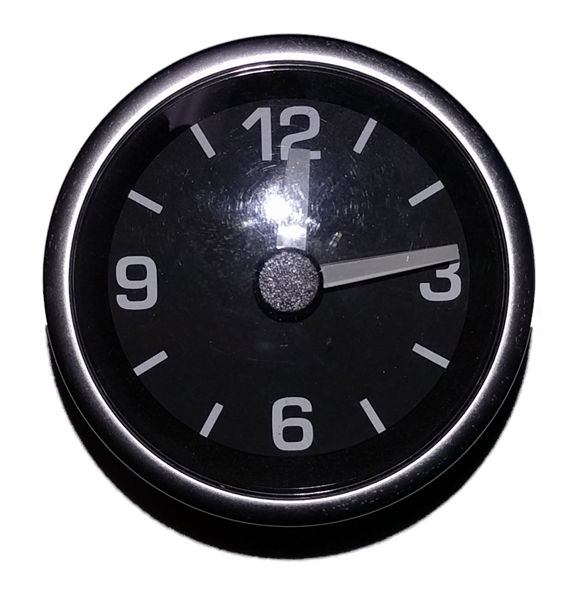 Range Rover Parts round black dashboard clock with silver frame and white hour markers