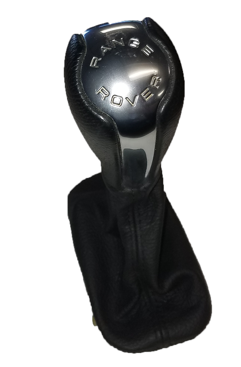 Range Rover shift knob with black leather cover and chrome top featuring embossed Range Rover logo
