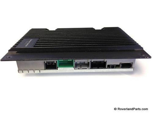 Range Rover amplifier part with multiple connector ports and cooling fins for vehicle audio system
