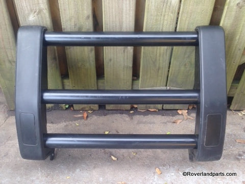 Black Discovery Nudge Bar with three horizontal bars and solid end caps for vehicle protection