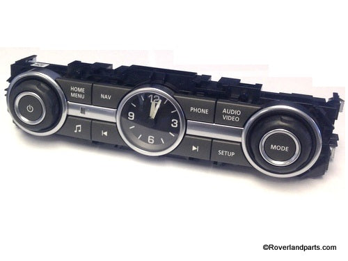 Range Rover parts radio control panel with clock and navigation buttons for audio video settings
