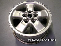 Silver five spoke alloy Range Rover Wheel rim showing center hub and bolt holes for Range Rover Parts