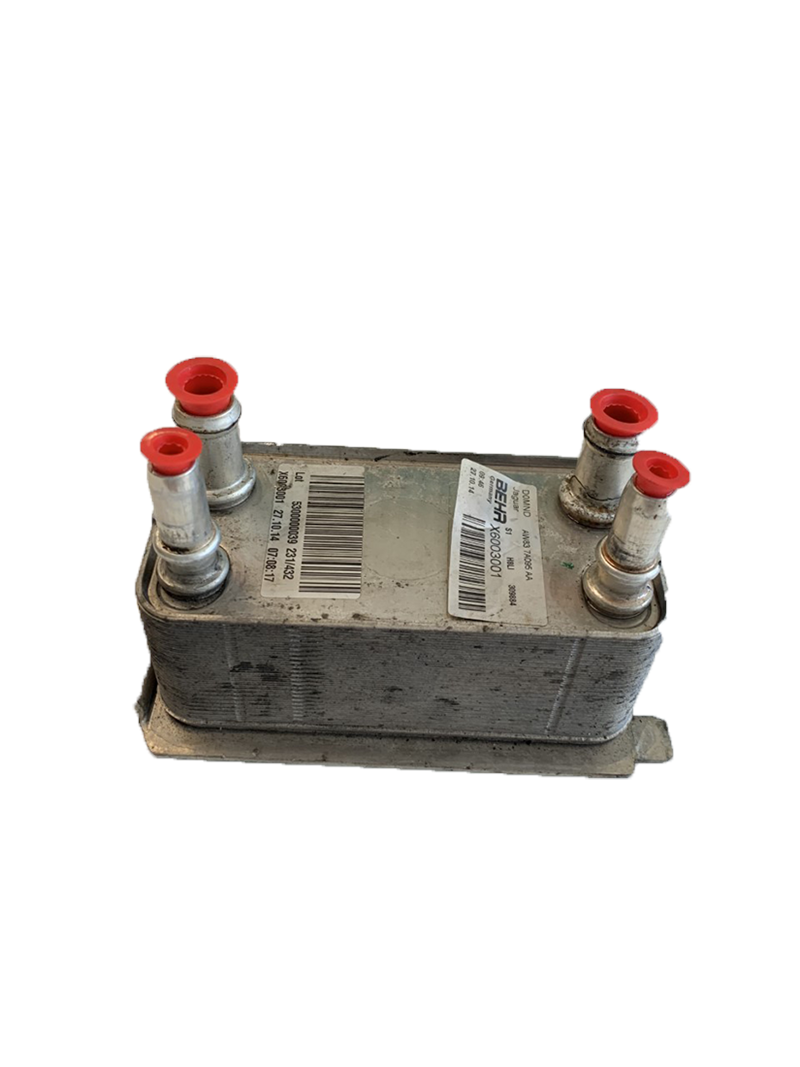 Range Rover Sport metal engine oil cooler part with red protective caps on pipes