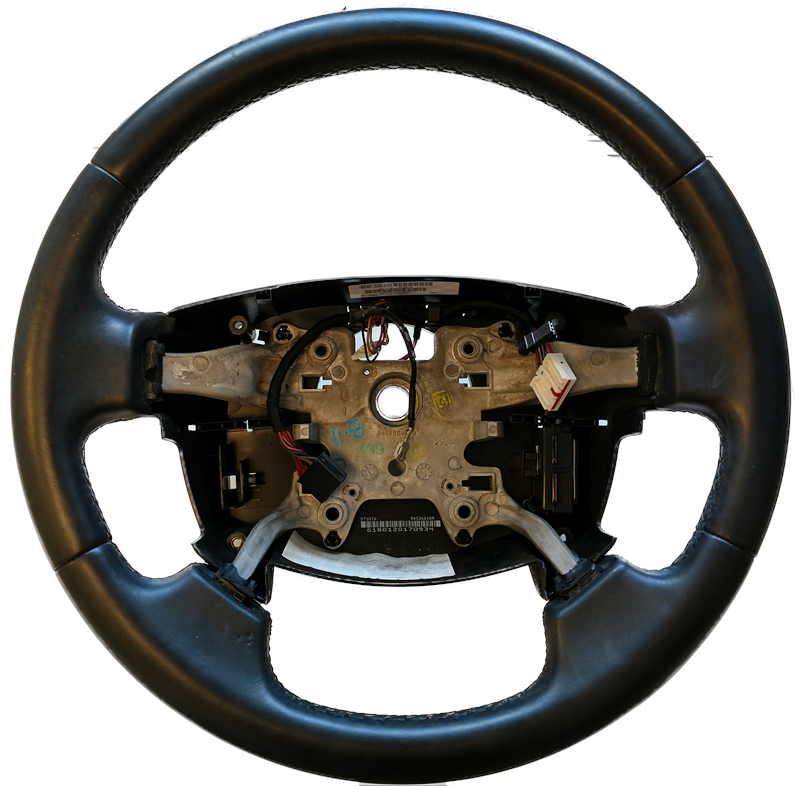Black leather LR3 and LR4 parts steering wheel with exposed internal components and wiring