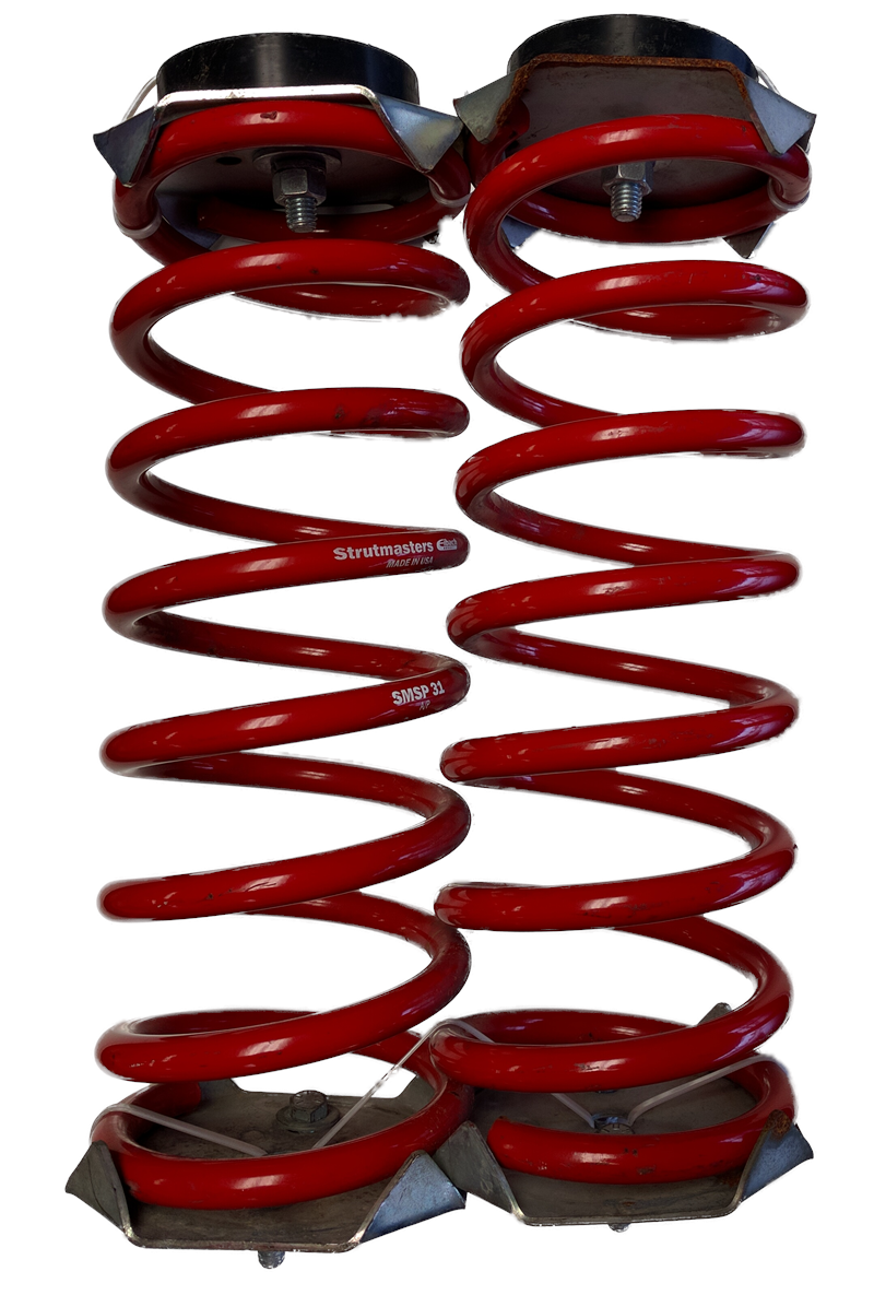 Red Strutmaster coil springs for Discovery Parts with mounted metal plates