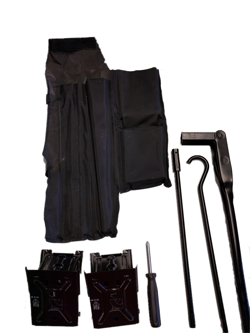 LR3 and LR4 Parts Tool Kit including black pouch, jack, screwdriver, and tire iron tools