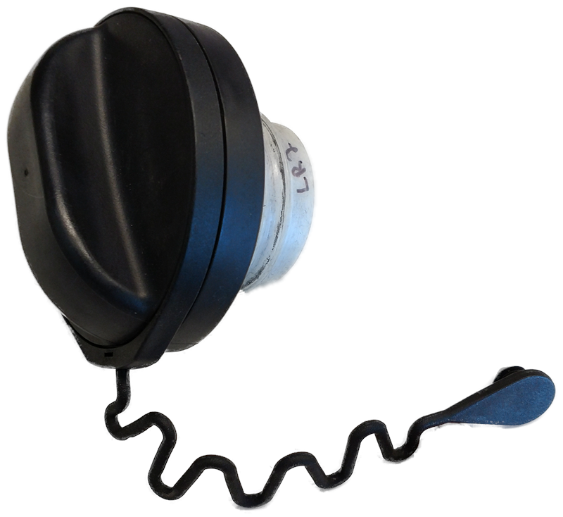 LR2 Parts black gas cap with attached wavy tether for secure fuel tank closure