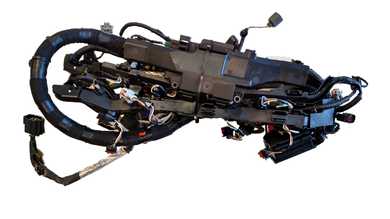 LR3 and LR4 vehicle wiring harness assembly with multiple connectors and black protective covering